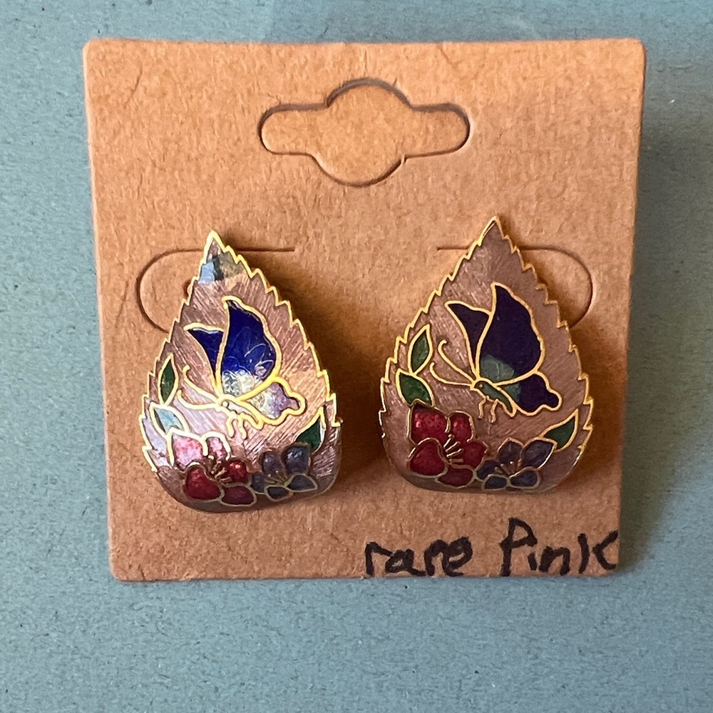 Vintage Butterflies & Flowers Cloisonné Multicolor
Enamel Earrings Pierce